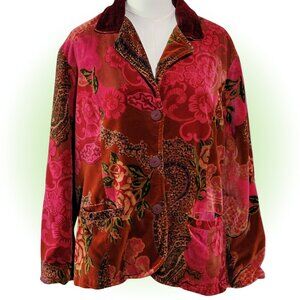 RICH VELVET FLORAL PRINT BUTTON-DOWN WOMEN'S JACKET BLAZER EUC XL